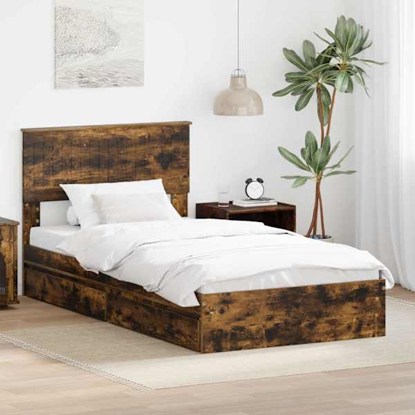 Sahtlitega voodiraam peatsiga, suitsutatud tamm, 100 × 200 cm, tehispuit — mudel 3410830
