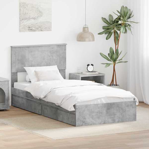 Sahtlitega voodiraam peatsiga, betoonhall, 90 × 190 cm, tehispuit — mudel 3410843