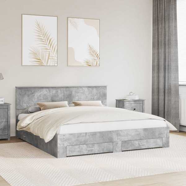 Sahtlitega voodiraam peatsiga, betoonhall, 180 × 200 cm, tehispuit — mudel 3410864