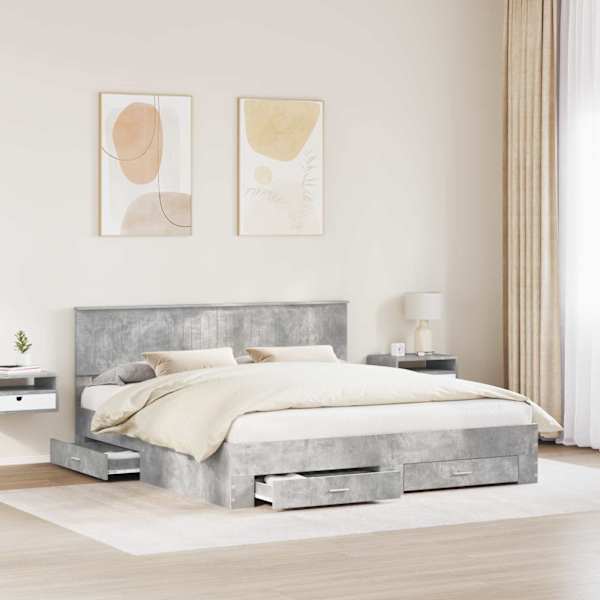 Sahtlitega voodiraam peatsiga, betoonhall, 180 × 200 cm, tehispuit — mudel 3410864