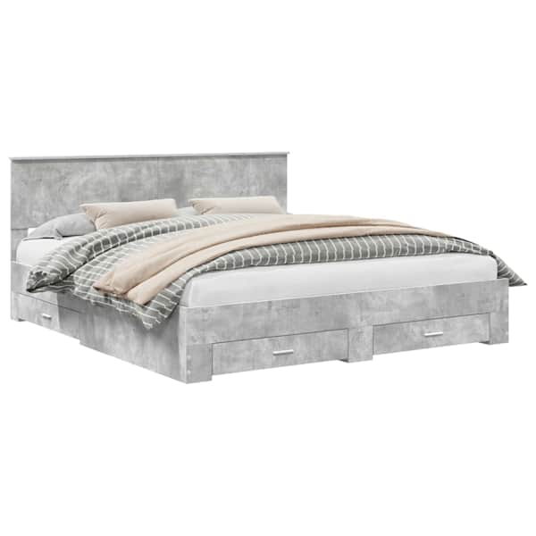 Sahtlitega voodiraam peatsiga, betoonhall, 180 × 200 cm, tehispuit — mudel 3410864
