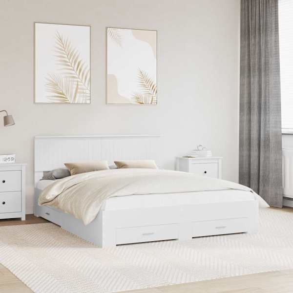 Sahtlitega voodiraam peatsiga, valge, 160 × 200 cm, tehispuit — mudel 3410870