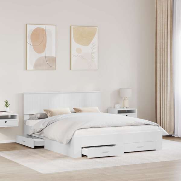 Sahtlitega voodiraam peatsiga, valge, 160 × 200 cm, tehispuit — mudel 3410870
