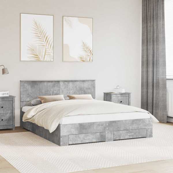 Sahtlitega voodiraam peatsiga, betoonhall, 160 × 200 cm, tehispuit — mudel 3410873