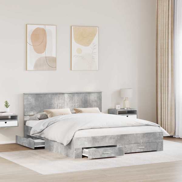 Sahtlitega voodiraam peatsiga, betoonhall, 160 × 200 cm, tehispuit — mudel 3410873