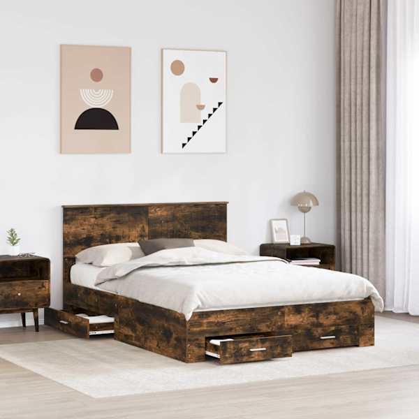 Sahtlitega voodiraam peatsiga, suitsutatud tamm, 140 × 200 cm, tehispuit — mudel 3410890