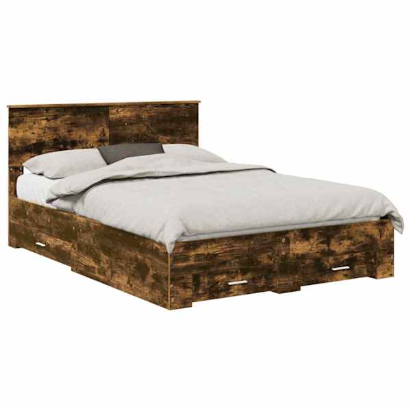 Sahtlitega voodiraam peatsiga, suitsutatud tamm, 140 × 200 cm, tehispuit — mudel 3410890