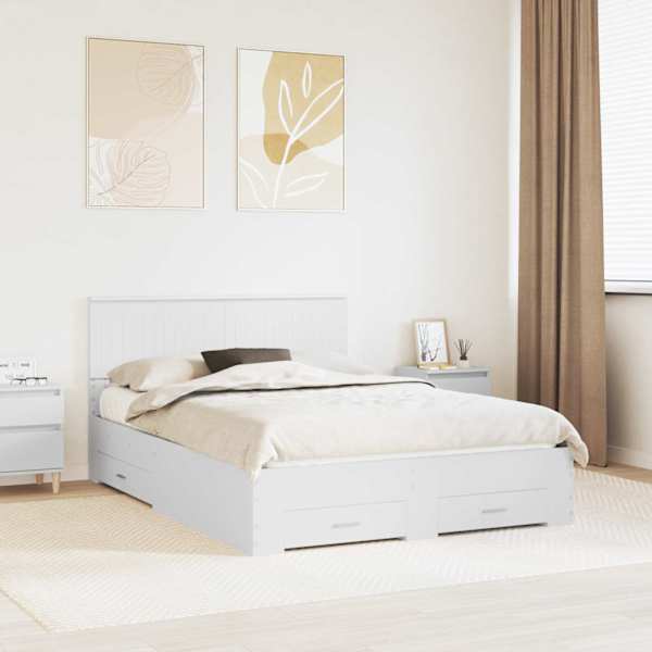 Sahtlitega voodiraam peatsiga, valge, 140 × 190 cm, tehispuit — mudel 3410895