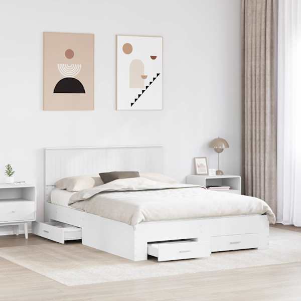 Sahtlitega voodiraam peatsiga, valge, 140 × 190 cm, tehispuit — mudel 3410895