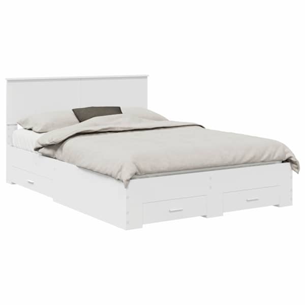 Sahtlitega voodiraam peatsiga, valge, 140 × 190 cm, tehispuit — mudel 3410895