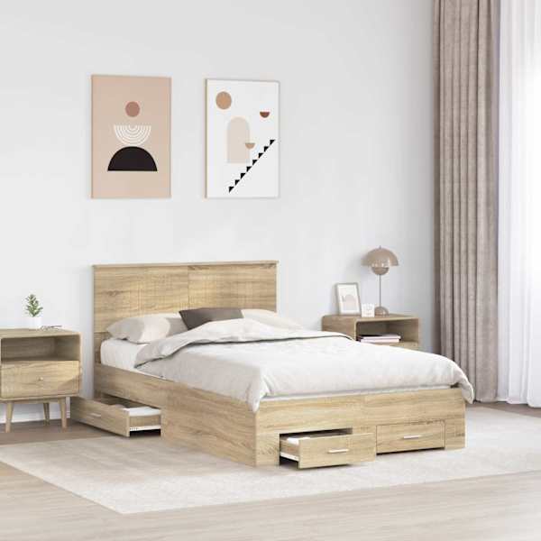 Sahtlitega voodiraam peatsiga, sonoma tamm, 120 × 200 cm, tehispuit — mudel 3410915
