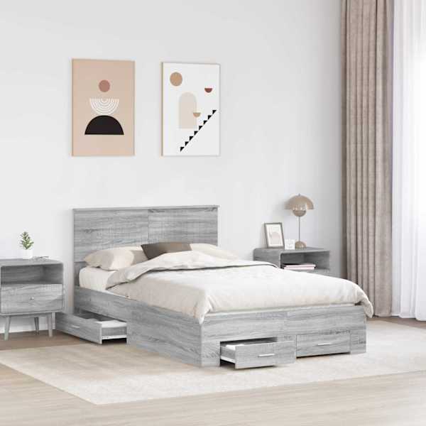 Sahtlitega voodiraam peatsiga, hall sonoma, 120 × 190 cm, tehispuit — mudel 3410927