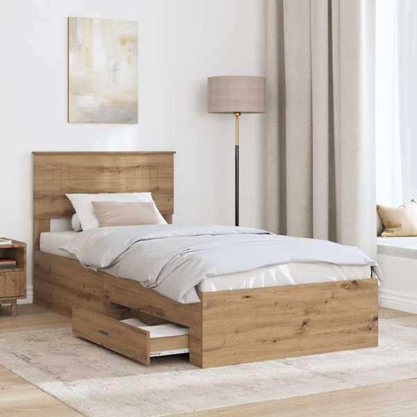 Sahtlitega voodiraam peatsiga, artisan tamm, 90 × 200 cm, tehispuit — mudel 3410948