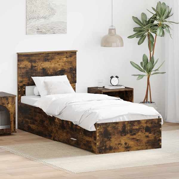 Sahtlitega voodiraam peatsiga, suitsutatud tamm, 75 × 190 cm, tehispuit — mudel 3410962