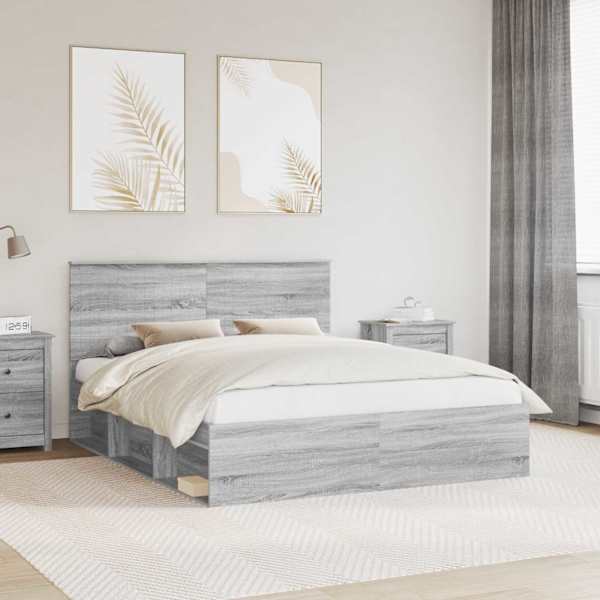 Voodiraam peatsiga, hall sonoma, 160 × 200 cm, männipuit — mudel 3410988