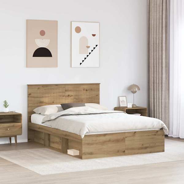 Voodiraam peatsiga, artisan tamm, 140 × 190 cm, männipuit — mudel 3411018