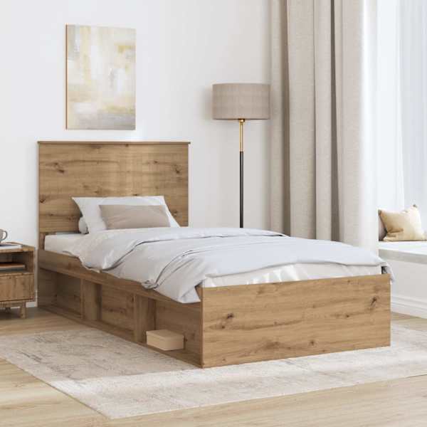 Voodiraam peatsiga, artisan tamm, 100 × 200 cm, männipuit — mudel 3411054