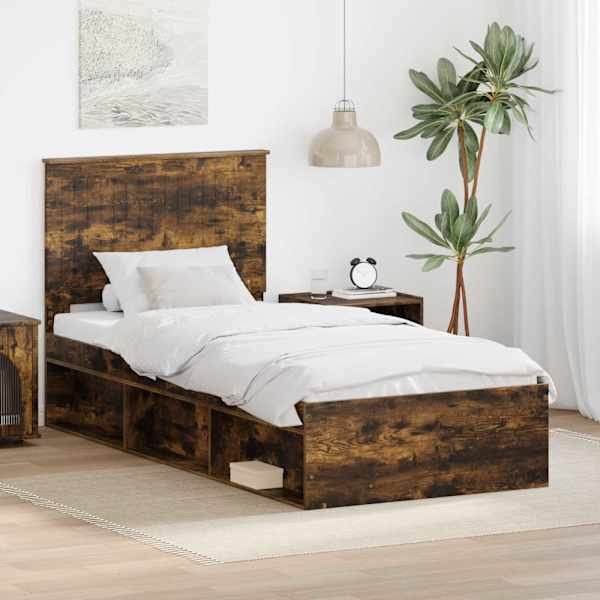 Voodiraam peatsiga, suitsutatud tamm, 90 × 200 cm, männipuit — mudel 3411059