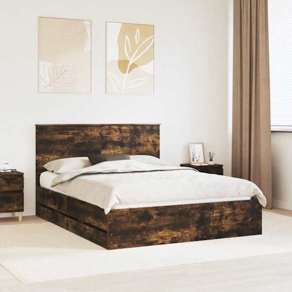 Sahtlitega voodiraam peatsiga, suitsutatud tamm, 150 × 200 cm — mudel 3411107