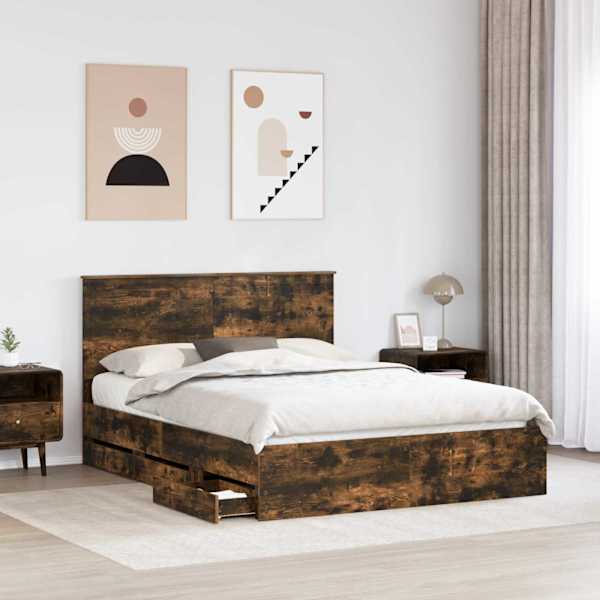 Sahtlitega voodiraam peatsiga, suitsutatud tamm, 150 × 200 cm — mudel 3411107