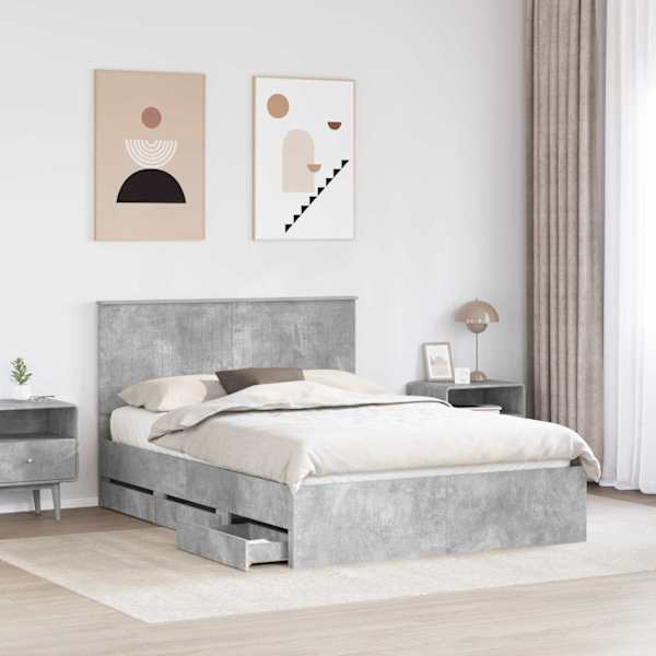 Sahtlitega voodiraam peatsiga, betoonhall, 135 × 190 cm — mudel 3411127
