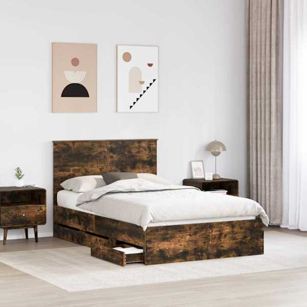 Sahtlitega voodiraam peatsiga, suitsutatud tamm, 120 × 200 cm — mudel 3411135