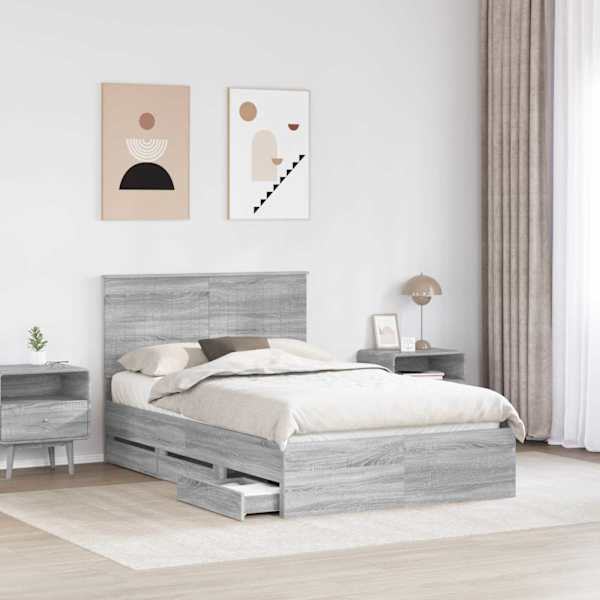 Sahtlitega voodiraam peatsiga, hall sonoma, 120 × 190 cm — mudel 3411143