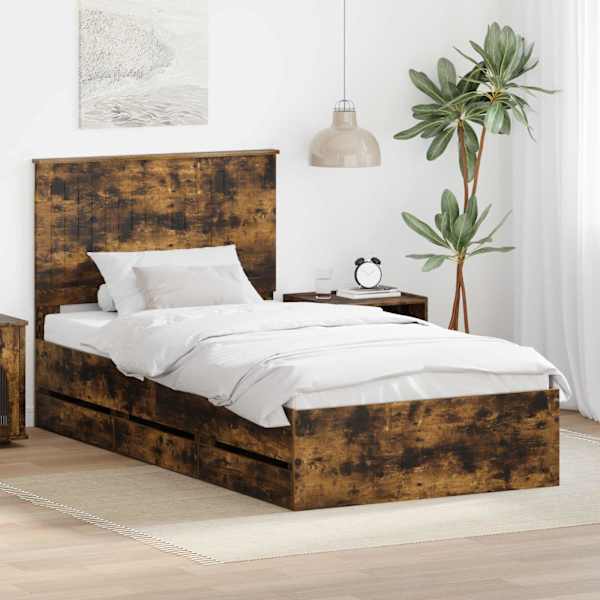 Sahtlitega voodiraam peatsiga, suitsutatud tamm, 100 × 200 cm — mudel 3411149