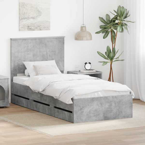 Sahtlitega voodiraam peatsiga, betoonhall, 90 × 200 cm — mudel 3411155