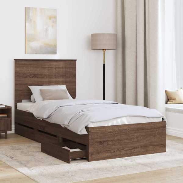 Sahtlitega voodiraam peatsiga, pruun tamm, 90 × 200 cm — mudel 3411158