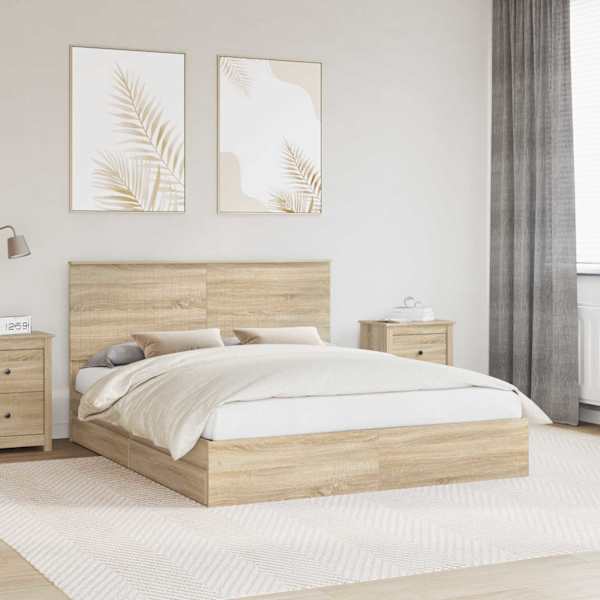Sahtlitega voodiraam peatsiga, sonoma tamm, 160 × 200 cm, tehispuit — mudel 3411189