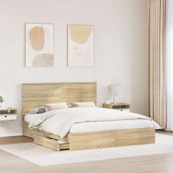 Sahtlitega voodiraam peatsiga, sonoma tamm, 160 × 200 cm, tehispuit — mudel 3411189