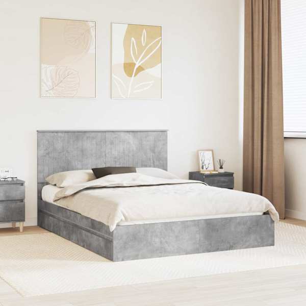 Sahtlitega voodiraam peatsiga, betoonhall, 150 × 200 cm, tehispuit — mudel 3411197