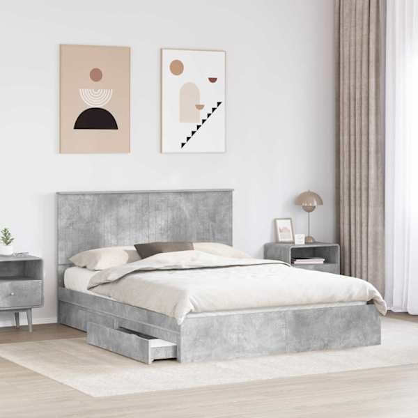 Sahtlitega voodiraam peatsiga, betoonhall, 150 × 200 cm, tehispuit — mudel 3411197