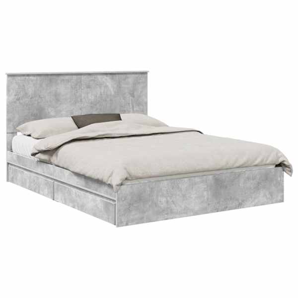 Sahtlitega voodiraam peatsiga, betoonhall, 150 × 200 cm, tehispuit — mudel 3411197