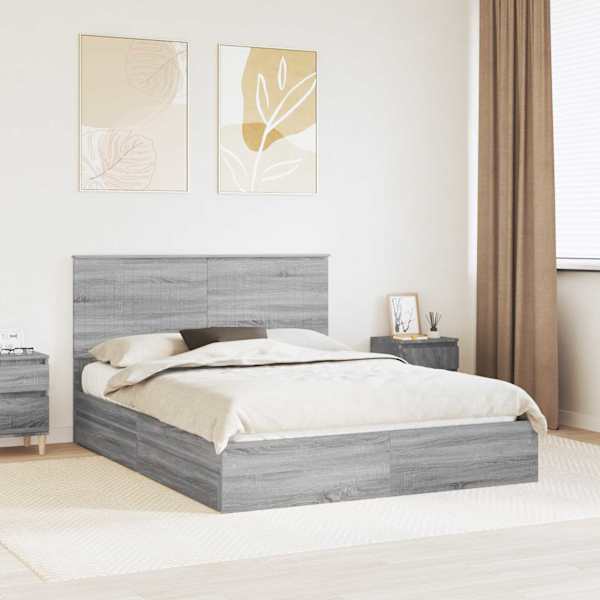 Sahtlitega voodiraam peatsiga, hall sonoma, 150 × 200 cm, tehispuit — mudel 3411199