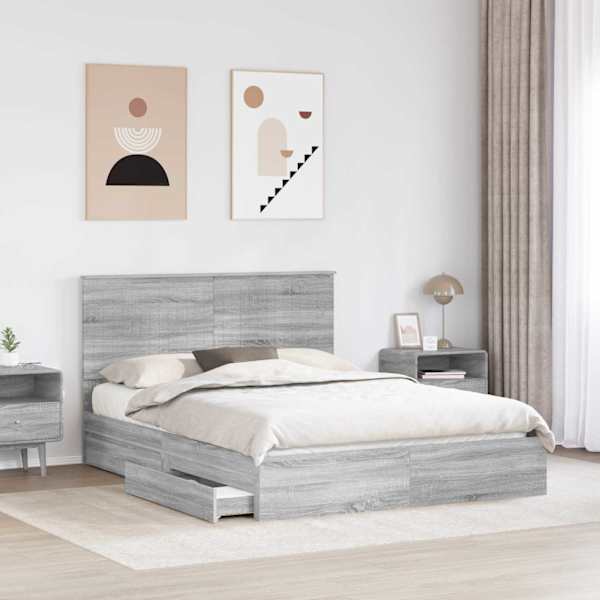 Sahtlitega voodiraam peatsiga, hall sonoma, 150 × 200 cm, tehispuit — mudel 3411199