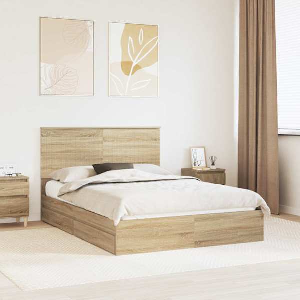 Sahtlitega voodiraam peatsiga, sonoma tamm, 140 × 200 cm, tehispuit — mudel 3411203