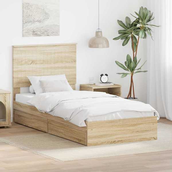 Sahtlitega voodiraam peatsiga, sonoma tamm, 90 × 190 cm, tehispuit — mudel 3411252