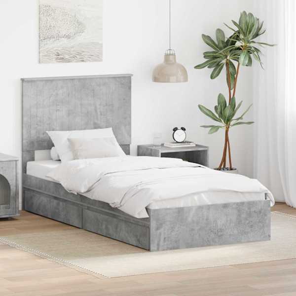 Sahtlitega voodiraam peatsiga, betoonhall, 90 × 190 cm, tehispuit — mudel 3411253