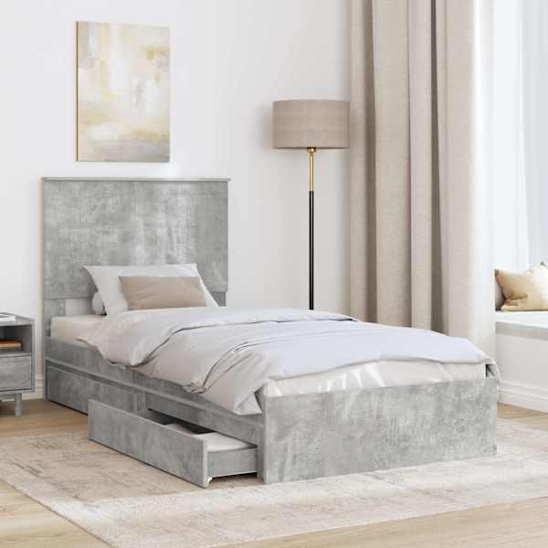 Sahtlitega voodiraam peatsiga, betoonhall, 90 × 190 cm, tehispuit — mudel 3411253