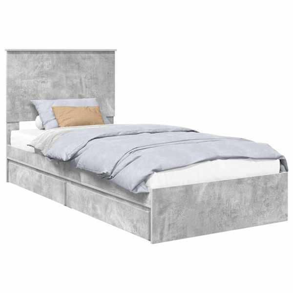 Sahtlitega voodiraam peatsiga, betoonhall, 90 × 190 cm, tehispuit — mudel 3411253