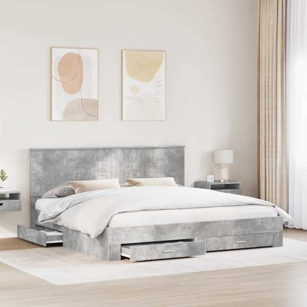 Sahtlitega voodiraam peatsiga, betoonhall, 200 × 200 cm, tehispuit — mudel 3411267