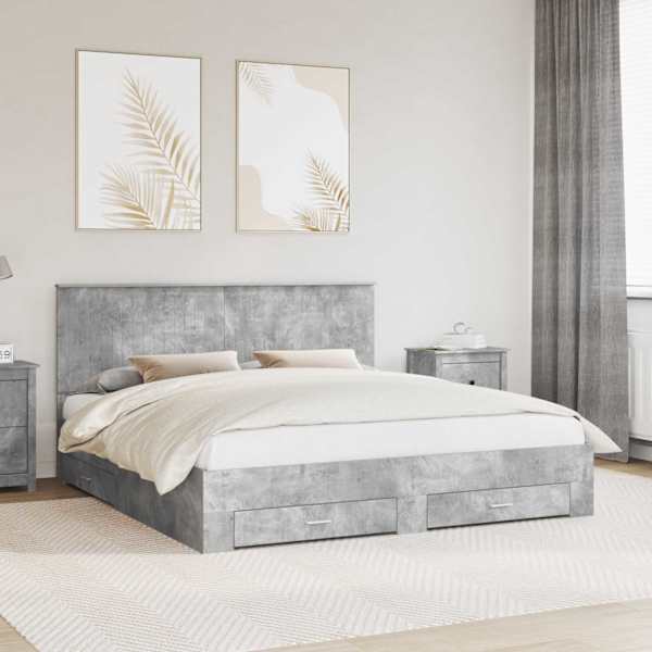 Sahtlitega voodiraam peatsiga, betoonhall, 180 × 200 cm, tehispuit — mudel 3411274