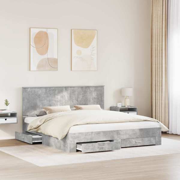 Sahtlitega voodiraam peatsiga, betoonhall, 180 × 200 cm, tehispuit — mudel 3411274