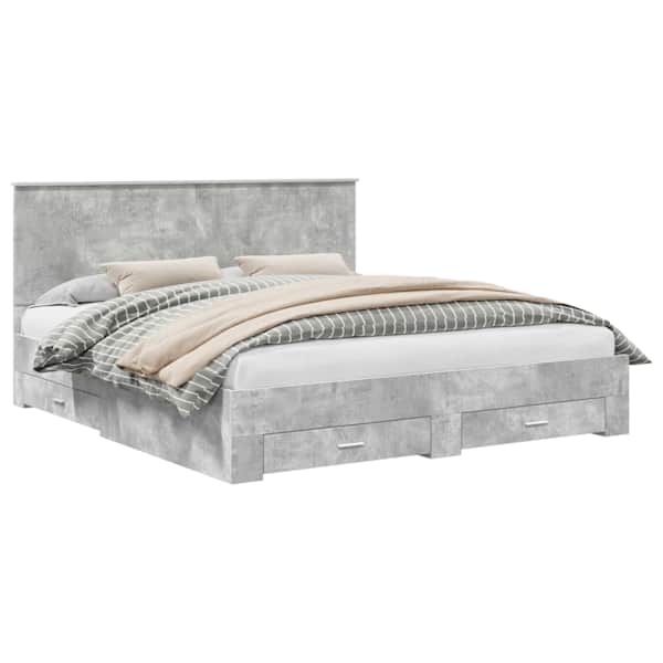 Sahtlitega voodiraam peatsiga, betoonhall, 180 × 200 cm, tehispuit — mudel 3411274