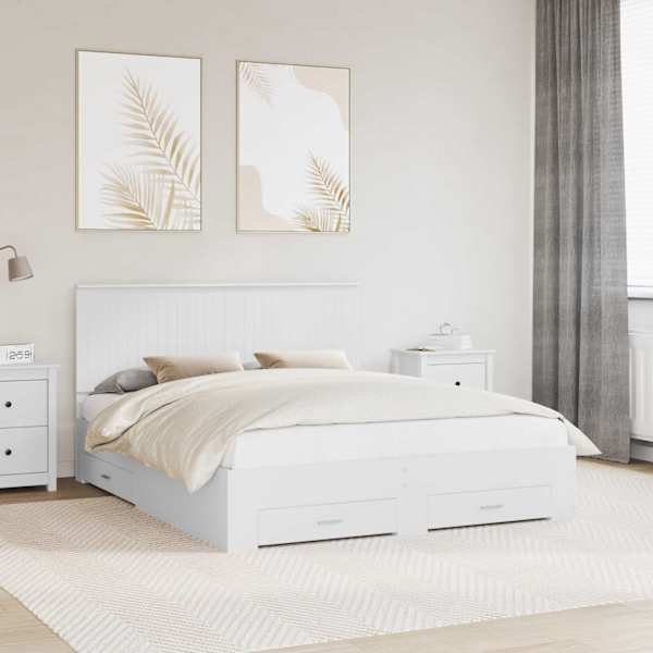 Sahtlitega voodiraam peatsiga, valge, 160 × 200 cm, tehispuit — mudel 3411280