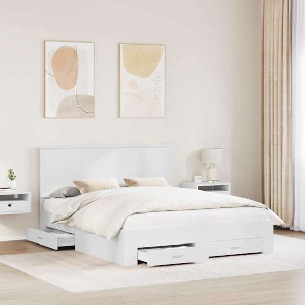 Sahtlitega voodiraam peatsiga, valge, 160 × 200 cm, tehispuit — mudel 3411280