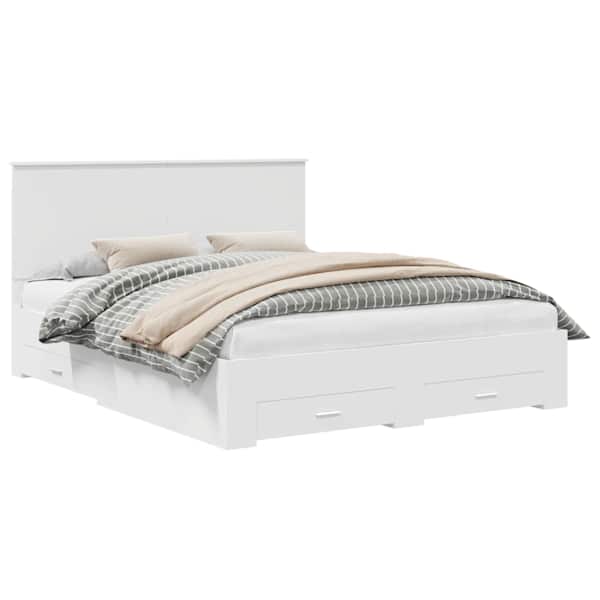 Sahtlitega voodiraam peatsiga, valge, 160 × 200 cm, tehispuit — mudel 3411280