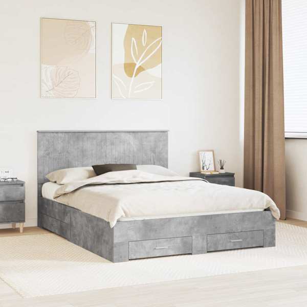 Sahtlitega voodiraam peatsiga, betoonhall, 150 × 200 cm, tehispuit — mudel 3411292